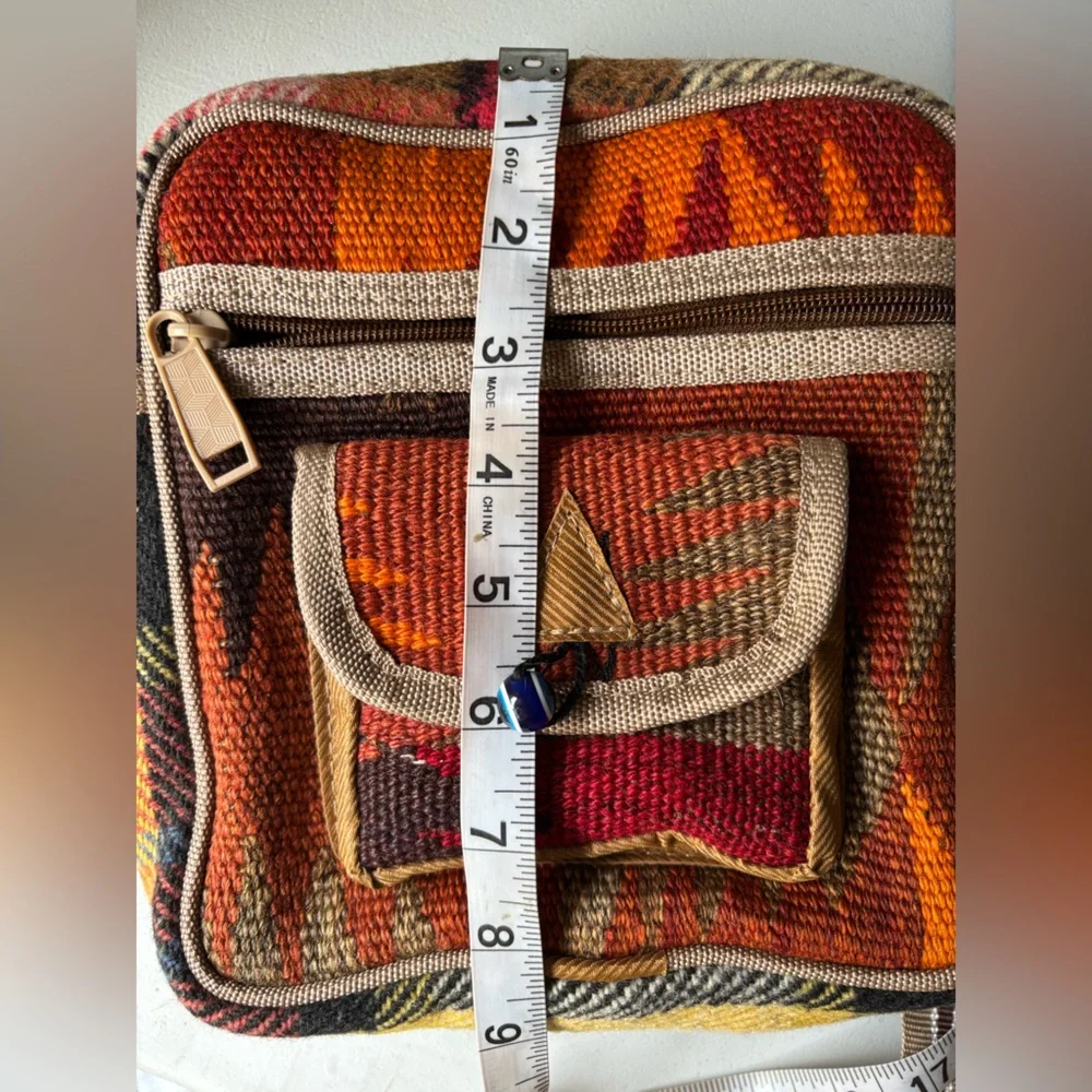 Unique Turkish Kilim Cross-Body Bag Colorful Geometric Pattern & Evil Eye Bead